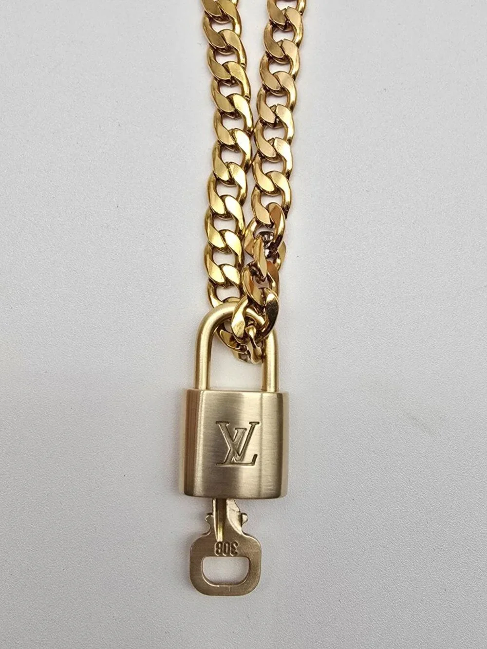 Authentic Louis Vuitgon Gold Padlock Pendant w/ Unbranded Cuban Stainless Steel